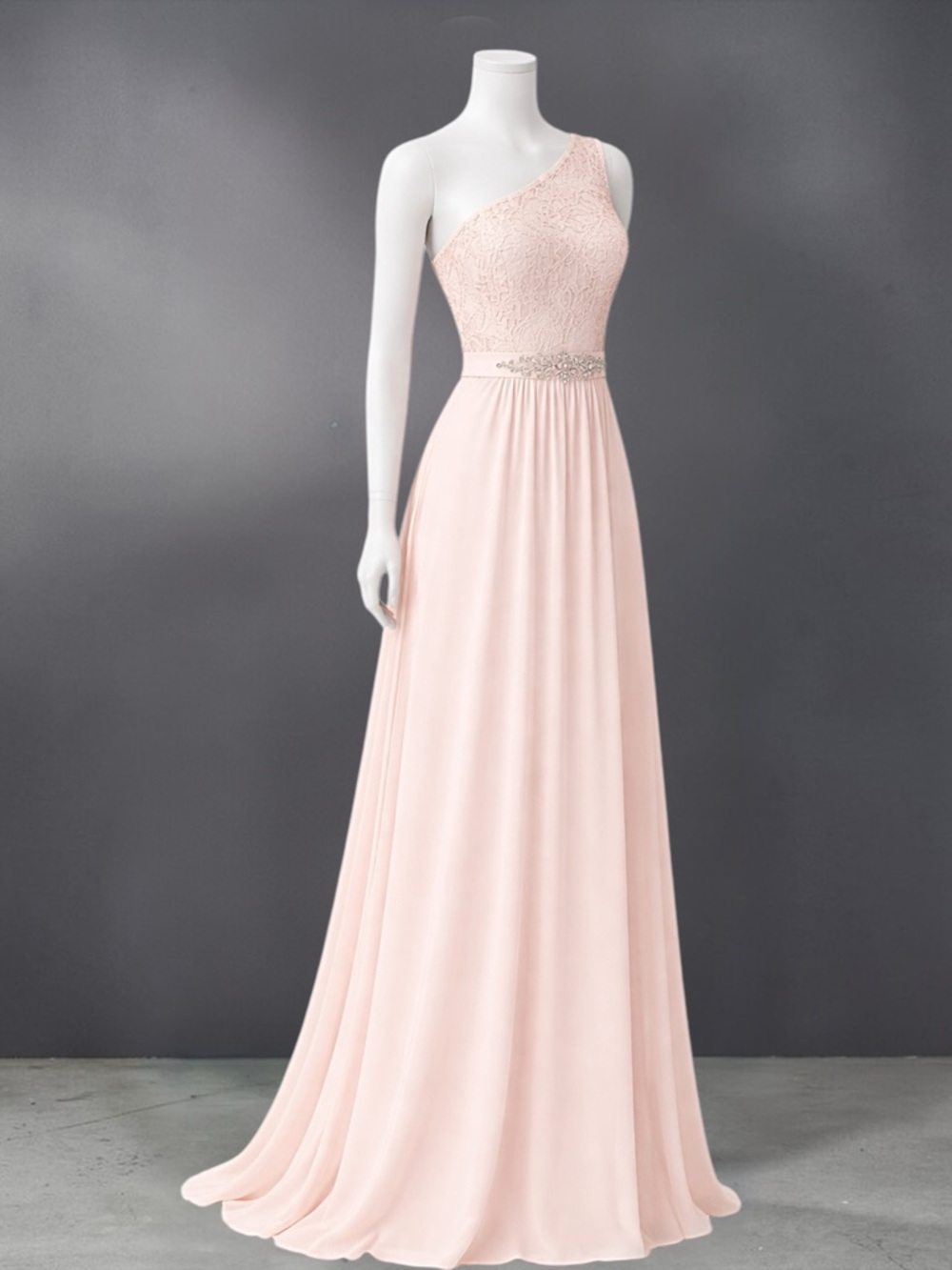 Adrianna Papell Blush Lace Crystal Embellished One-Shoulder Formal Gown - Picture 9 of 12